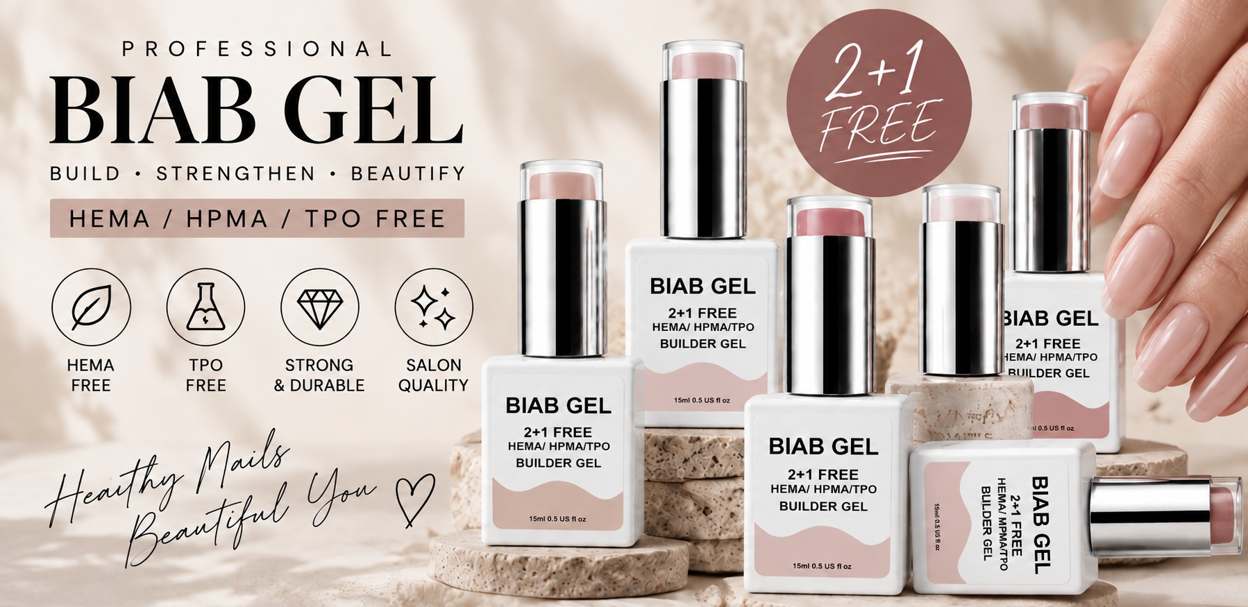 Professional BIAB Gel promotion featuring HEMA-free, HPMA-free and TPO-free builder gel bottles