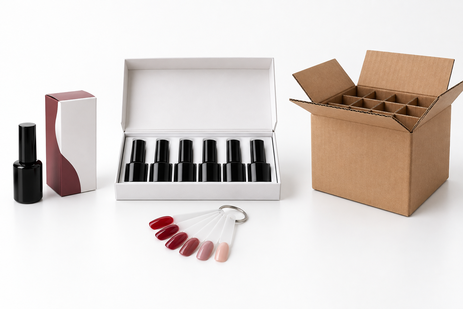 Illustrative gel polish packaging concept with a retail box, six-bottle gift set, shade fan and divided shipping carton