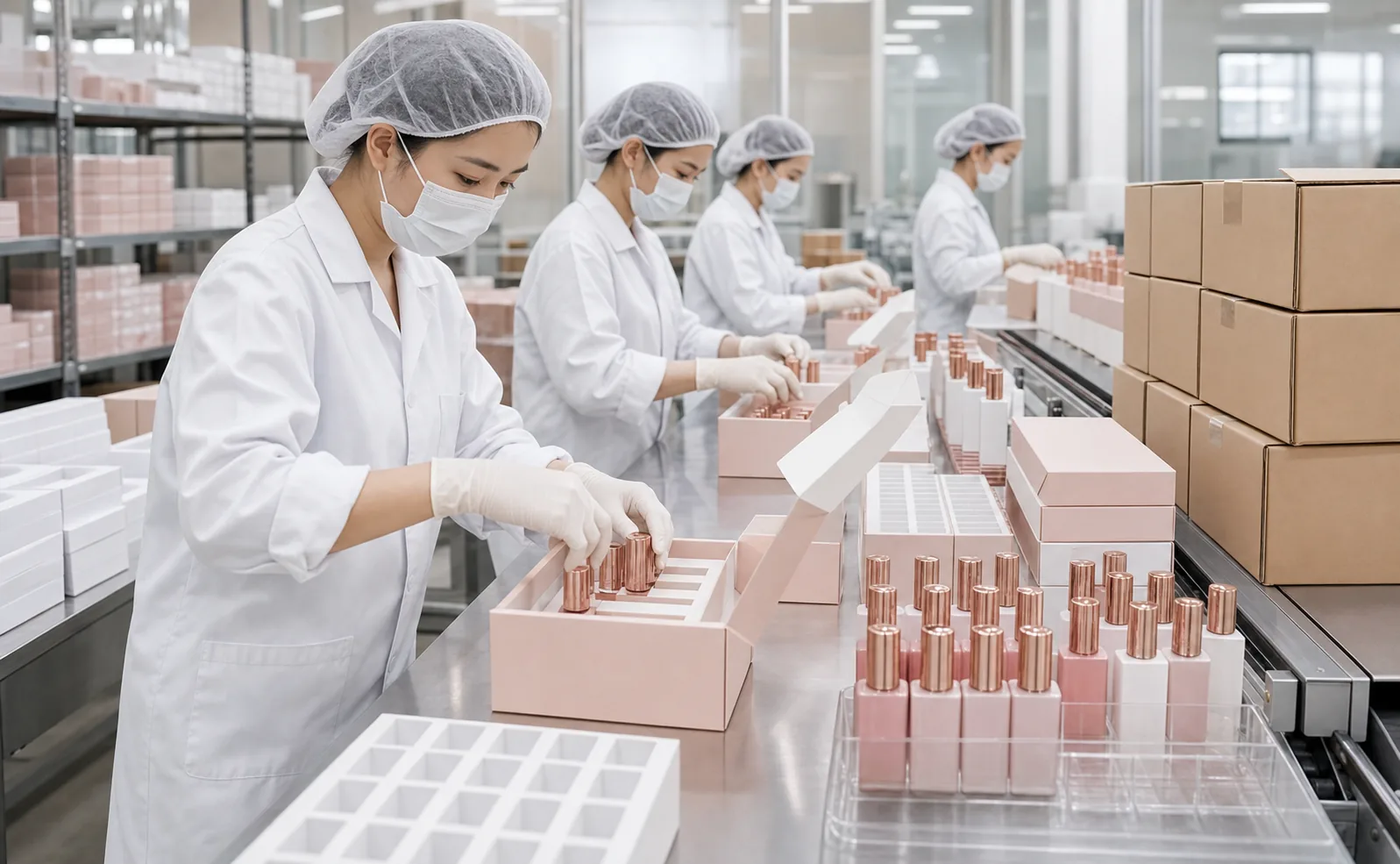 Workers packing private label nail products